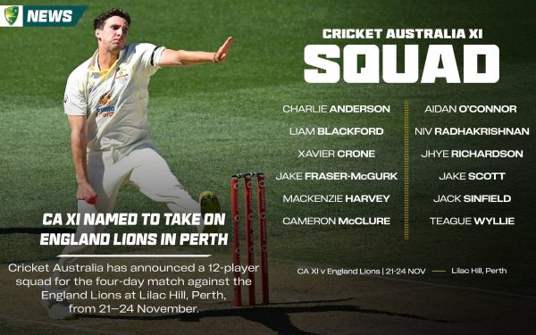 CA XI named for England Lions at Lilac Hill Source: Cricket Australia – CA Multicultural Media (eLanka) Cricket Australia has announced a 12-player squad for the four-day match against the England Lions at Lilac Hill, Perth, from 21-24 November. Eight of the 12 players are aged 24 or younger, showcasing Australia’s next generation. The match also marks the representative return of Jhye Richardson, whose 36 international appearances will provide valuable experience alongside some emerging talent of Australian cricket. An additional player may be added to the squad from the Australian Test camp following confirmation of the XI for the first NRMA Insurance Men’s Ashes Test. CA XI Squad: Mackenzie Harvey (SA/West Torrens CC) (c) Aidan O’Connor (TAS/GN Raiders CC) Cameron McClure (VIC/Prahran CC) Charlie Anderson (NSW/Northern District CC) Jack Sinfield (QLD/Redlands CC) Jake Fraser-McGurk (SA/ West Torrens CC) Jake Scott (NSW/Campbelltown Camden CC) Jhye Richardson (WA/Fremantle CC) Liam Blackford (VIC/Geelong CC) Nivethan Radhakrishnan (TAS/Kingborough CC) Teague Wyllie (WA/ Rockingham-Mandurah CC) Xavier Crone (VIC/Carlton CC) Live scores for the four-day match will be available on cricket.com.au and the Cricket Australia Live app. Fixture: CA XI vs England Lions Lilac Hill, Perth 21–24 November ENDS Click here to receive your free copy of the eLanka Newsletter twice a week delivered directly to your inbox!