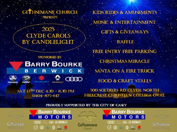GETHSEMANE CHURCH PRESENTS - 2025 CLYDE CAROLS BY CANDLELIGHT - 13th December - 4.30PM to 8.30 PM