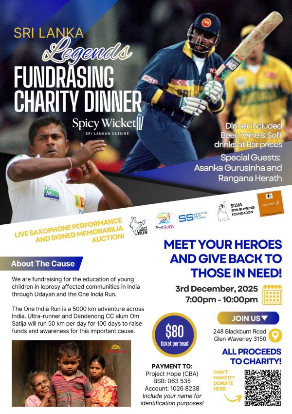 SRI LANKA Legends FUNDRASING CHARITY DINNER 3rd December 2025 -7:00pm-10:00pm ( Sydney Event )