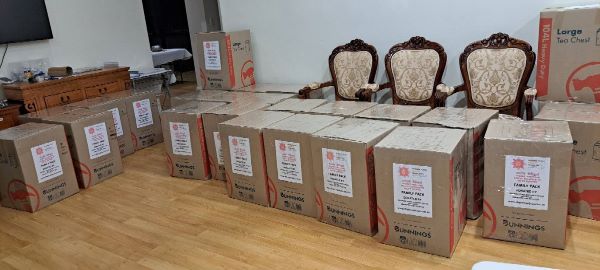 36 shipping boxes containing 103 family packages were packed over the last two days for the people impacted by floods in Sri Lanka on behalf of Dhamma Vijaya Buddhist Vihara in Hornsby, NSW