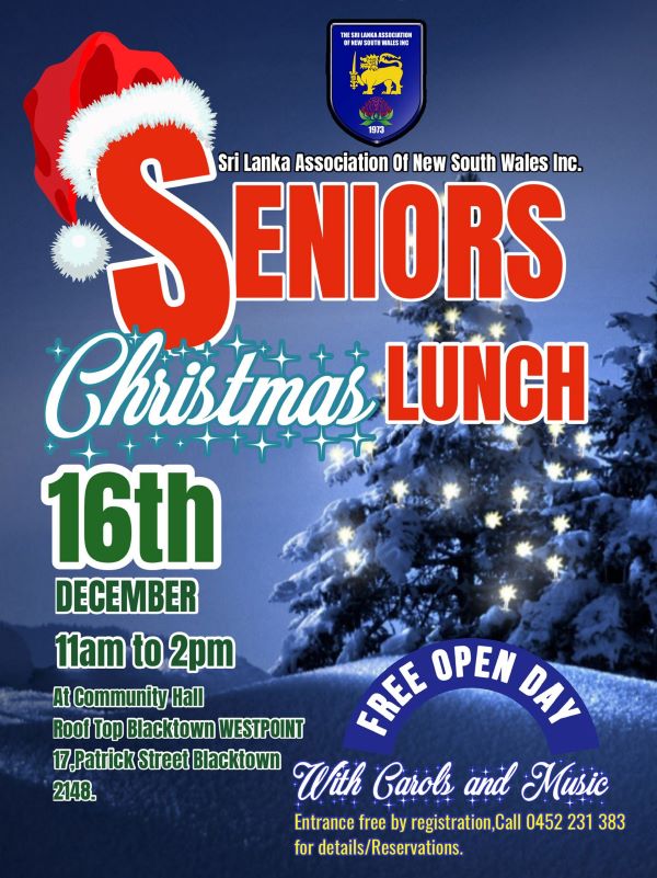 Sri Lanka Association Of New South Wales Presents - SENIORS Christmas LUNCH - 16th DECEMBER - 11am to 2pm(Sydney Event )