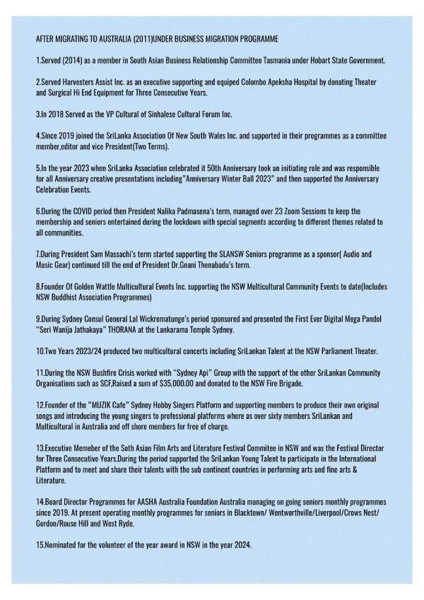 Sri Lanka Association of NSW Inc – President – Saliya Tennekoon
