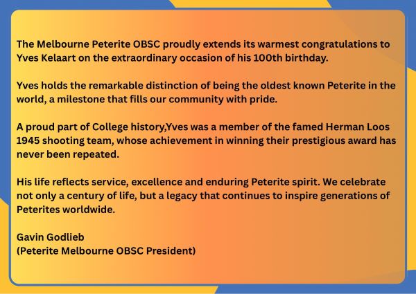 A Century of Peterite Pride: Celebrating Yves Kelaart at 100