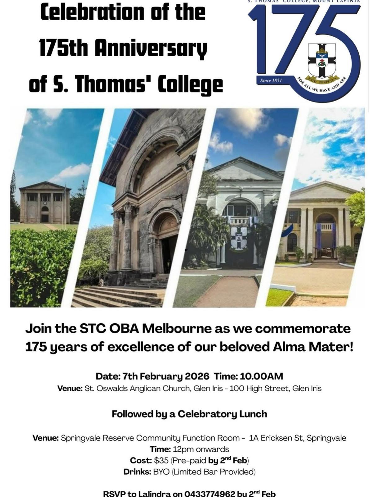 Celebration of the 175th Anniversary of S. Thomas' College -7th Feb 2026 1000 AM (Melbourne event)