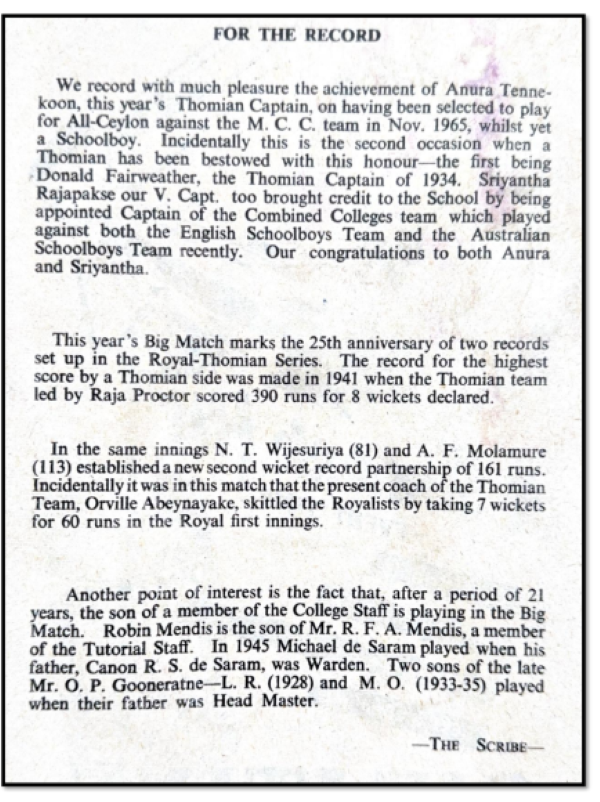 60th Anniversary of the 1966 STC Cricket Season - The Two Architects of STC’s Remarkable Campaign Skipper Anura Tennekoon & Deputy, Sriantha Rajapakse - compiled