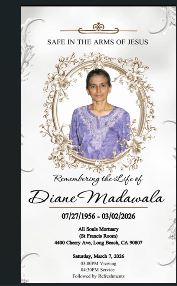 Demise of Diane Madawala - Dearly Beloved Sister of Old Benedictines Dinesh & Romesh Madawala -Formerly of Cascia Avenue Mt Lavina-eLanka