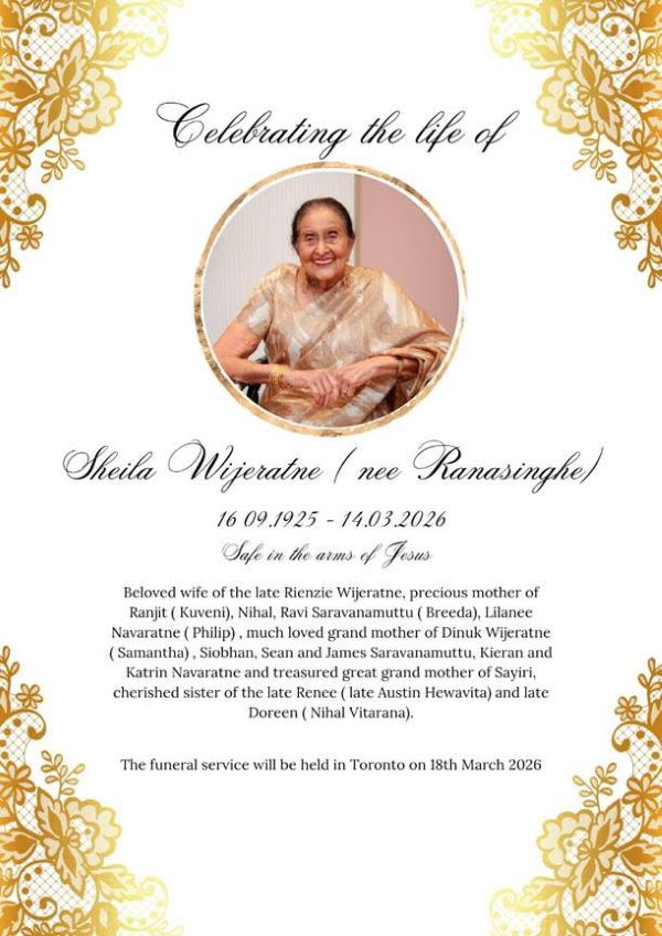 Obituary-Sheila Wijeratne Nee Ranasinghe Age-eLanka