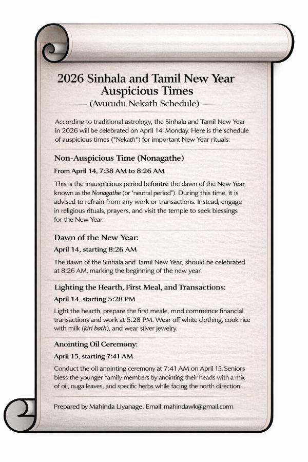 2026 Sinhala and Tamil New Year Auspicious Times – Sydney, Australia 
