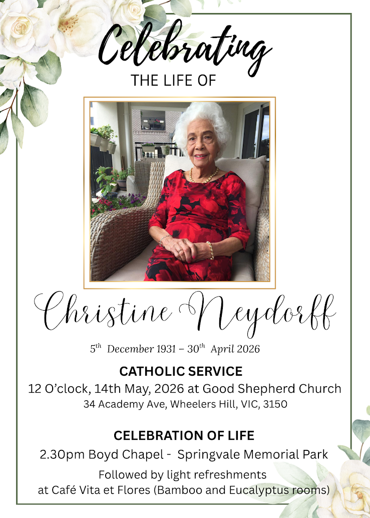 Celebrating THE LIFE OF Christine Neydorff (5th December 1931 - 30th April 2026)