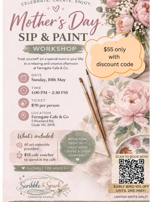 Mother's Day SIP & PAINT WORKSHOP - Sunday, 10th May - 100 PM - 230 PM ( Melbourne Event)