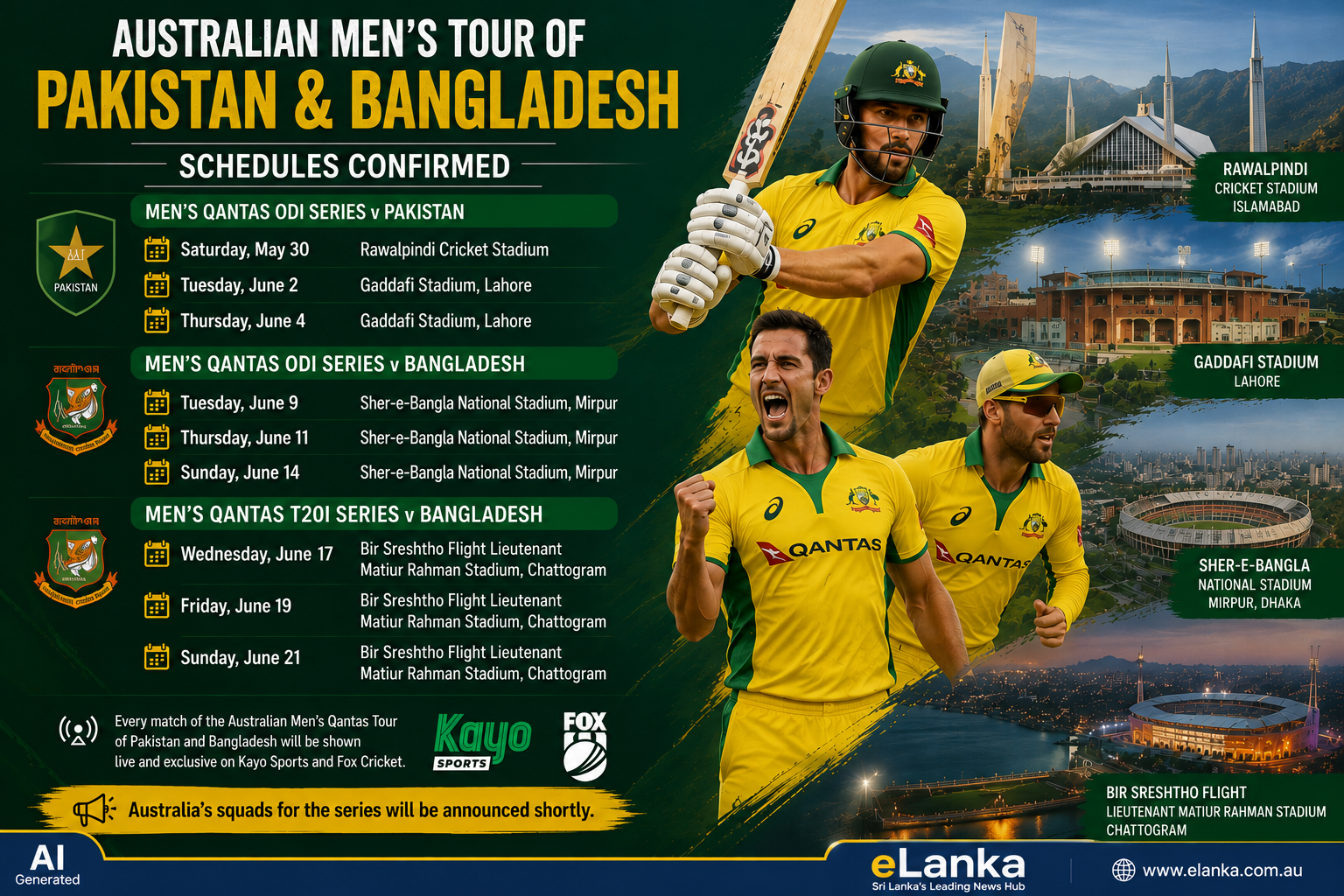 Schedules confirmed for Australian Men’s Tour of Pakistan and Bangladesh