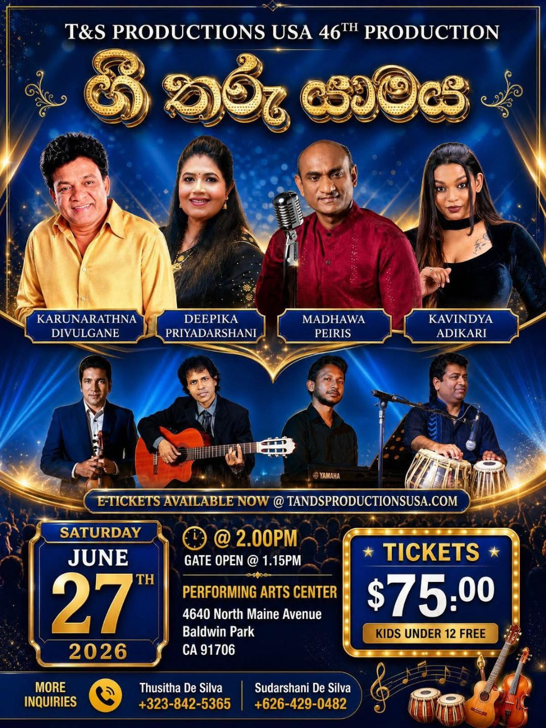 Gee Tharu Sanakeliya 2026, Sri Lankan concert USA, Sinhala musical show California, Karunarathna Divulgane live, Deepika Priyadarshani concert, Madhawa Peiris live performance, Kavindya Adikari USA tour, Sri Lankan singers in America, Sinhala music concert 2026, Baldwin Park Performing Arts Center, Sri Lankan community events USA, Sri Lankan entertainment California, live Sinhala songs USA, Sri Lankan cultural event America, T&S Productions USA, Sri Lankan music festival USA, Sinhala musical evening, Sri Lankan artists in California, family entertainment USA, Sri Lankan concert tickets USA, June 2026 concerts California, Sri Lankan expatriate events, Sinhala music lovers USA, Sri Lankan live show Los Angeles, California Sinhala event, Sri Lankan cultural show USA, live music Baldwin Park, Sri Lankan performers USA, Sinhala concert California 2026, Sri Lankan community gathering USA