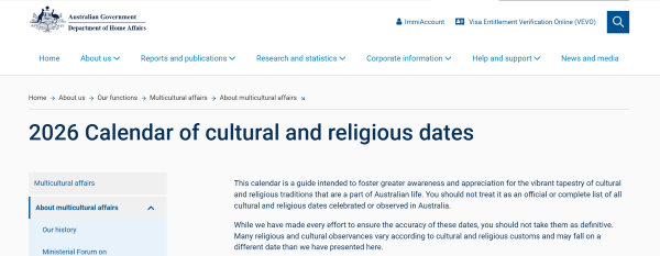 Home Affairs 2026 Calendar of Cultural and Religious Dates