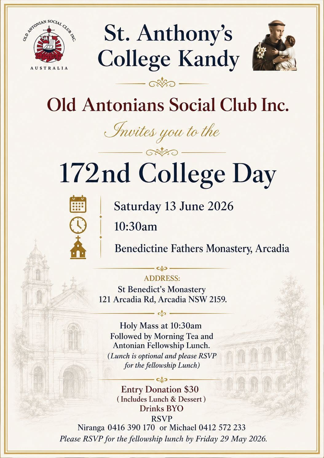St Anthony's College Kandy - 172 nd College Day 2026- 13th June 2026 - 10.30 AM ( Sydney Event).