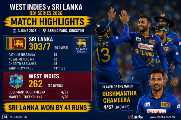 West Indies vs Sri Lanka 2026, Sri Lanka vs West Indies ODI highlights, WI vs SL 1st ODI 2026, Sabina Park ODI, Sri Lanka cricket, West Indies cricket, ODI cricket highlights, Sri Lanka won by 41 runs, Pathum Nissanka 79, Kusal Mendis 72, Charith Asalanka 45, Janith Liyanage 44 not out, Dushmantha Chameera 4 wickets, Maheesh Theekshana bowling, Sri Lanka ODI victory, cricket match highlights, June 2026 cricket, Kingston Jamaica cricket, Sri Lanka tour of West Indies 2026, international cricket, ODI series 2026, Sri Lanka batting performance, West Indies chase, cricket news, cricket results, cricket scorecard, eLanka sports, Sri Lankan cricket news, cricket fans, cricket highlights video, Sabina Park Kingston, Caribbean cricket
