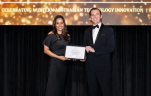 Shanelle Tennekoon receiving the Research & Development Merit Award for SmartWheel at the 2026 WAITTA INCITE Tech Awards in Australia.