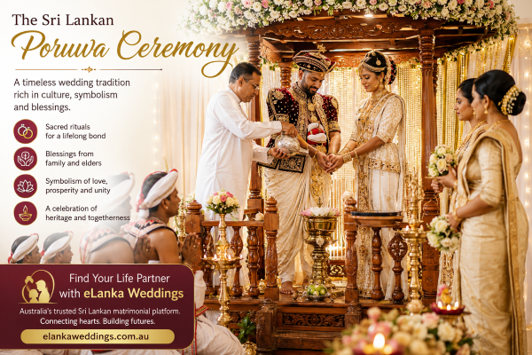 Bride and groom participating in a traditional Sri Lankan Poruwa Ceremony with family blessings and cultural wedding rituals.