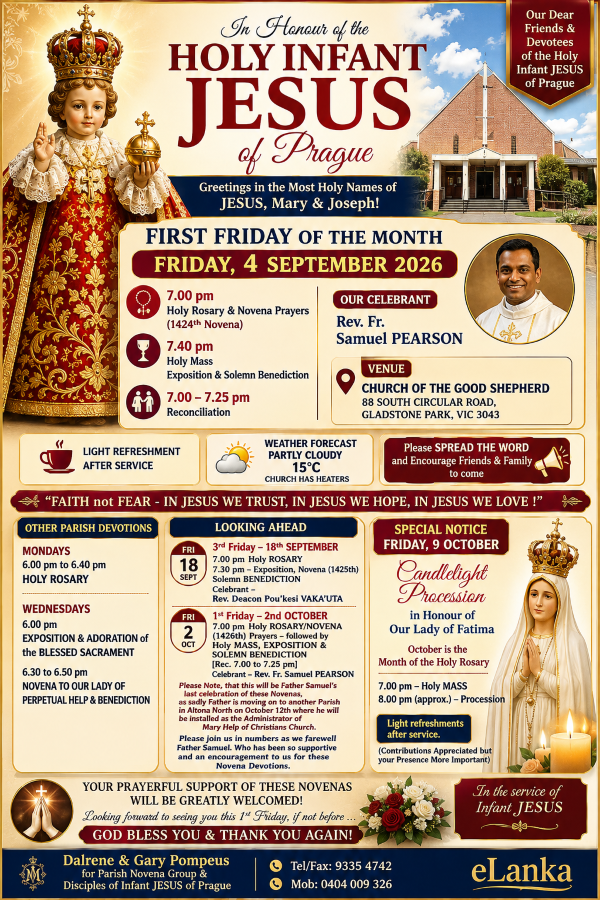 1st Friday Novena-Holy MASS to the Holy Infant JESUS of Prague- Plus Parish Events - ALL ARE WELCOME!