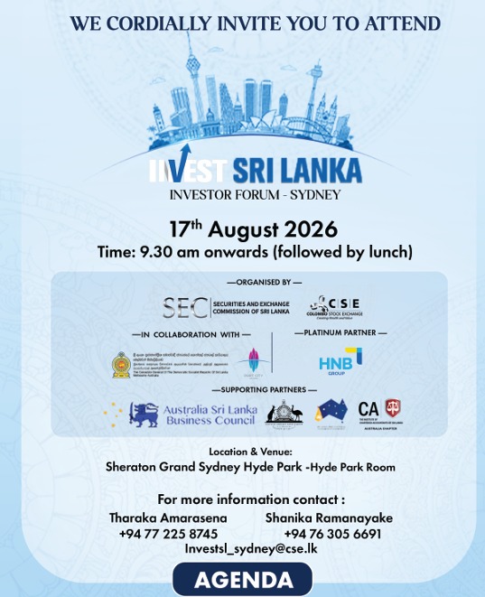 Invest Sri lanka - INVESTOR FORUM - SYDNEY - 17th August 2026 (Time 9.30 am onwards)