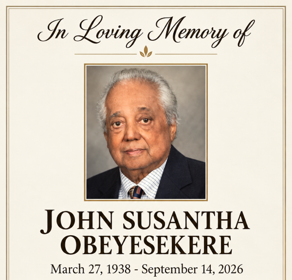 John Susantha Obeyesekere, John Susantha Obeyesekere tribute, John Obeyesekere, Upali Obeyesekere, Sri Lankan Canadian community, Sri Lankan diaspora in Canada, Canada Sri Lanka Association, CSLA, Toronto Sri Lankan community, IBM Canada, Kurunegala, Sri Lankan cricket, Sri Lankan community leadership, Sri Lankan New Year Toronto, obituary, life and legacy, Sri Lankan community Canada
