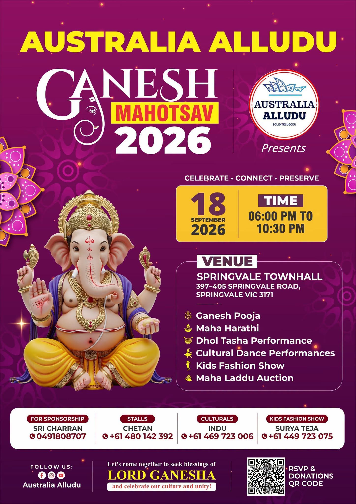 AUSTRALIA ALLUDU CANESH MAHOTSAV 2026 - 18th SEPTEMBER - 0600 PM TO 1030 PM ( Melbourne Event)