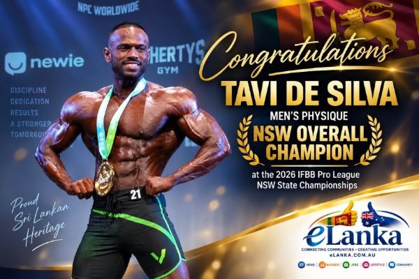 Congratulations Tavi De Silva – Men’s Physique NSW Overall Champion at the 2026 IFBB Pro League NSW State Championships – by eLanka