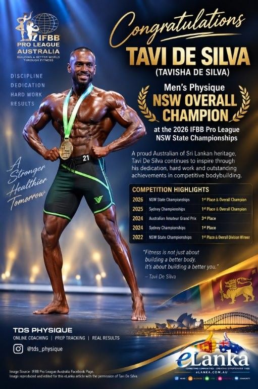 Congratulations Tavi De Silva – Men’s Physique NSW Overall Champion at the 2026 IFBB Pro League NSW State Championships – by eLanka