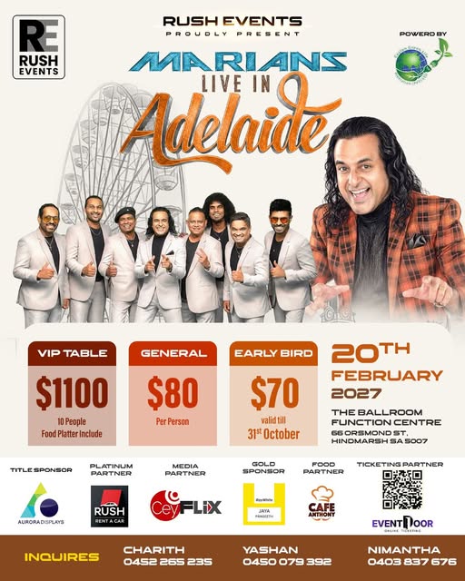 Marians Live in Adelaide on 20 February 2027 at The Ballroom, Hindmarsh. Enjoy live Sri Lankan music with VIP and general tickets available.