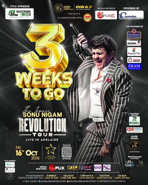 SONU NIGAM – THE REVOLUTION TOUR - 16 October 2026 ( ADELAIDE Event )