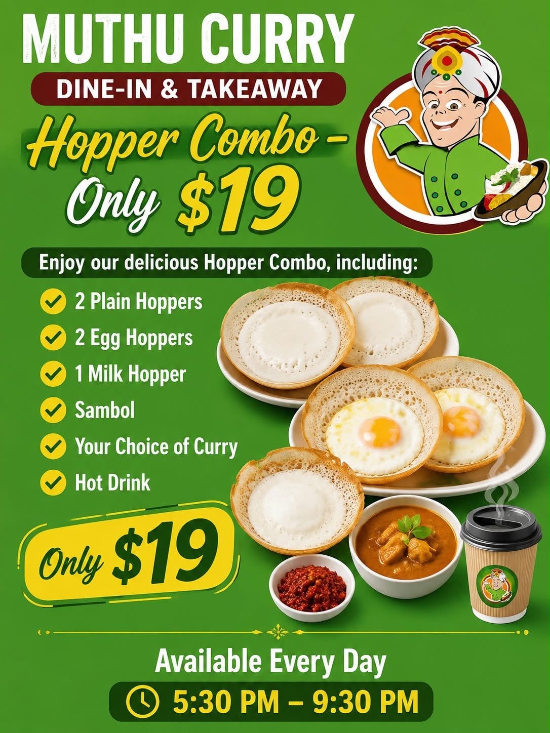Muthu Curry Hopper Combo with Sri Lankan hoppers, curry and sambol