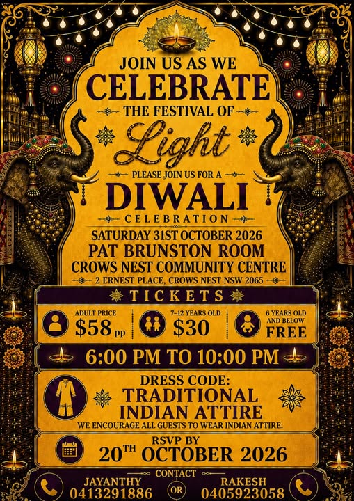 DIWALI CELEBRATION - Saturday 31st October 2026 - 600 PM TO 1000 PM ( Sydney Event )