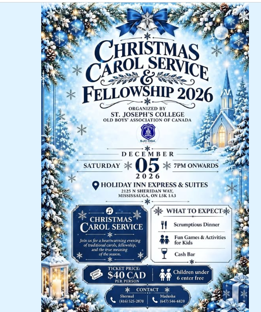 Christmas Carol Service 2026, Christmas Fellowship Canada, St Joseph’s College Old Boys Association of Canada, SJCOBA, Christmas Events in Mississauga, Christmas Carol Service Mississauga, Sri Lankan Christmas Events Canada, Christmas Dinner 2026, Mississauga Community Events, Christmas Celebrations Canada